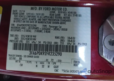 2015 Ford Fusion Titanium from USA, damaged, VIN 3FA6P0K92FR235290